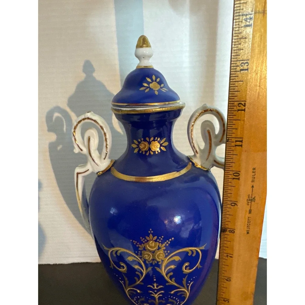 Limoges China Cobalt Blue Gold Courting Couple Lidded Urn Vase 13.5in